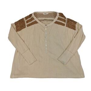 In Loom Women Boho Henley Top Sz Small Beige Lace Patchwork Long Sleeve Pullover